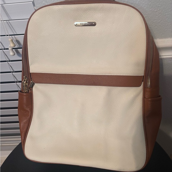 Elegant Cream and Brown Leather Backpack - Picture 1 of 6